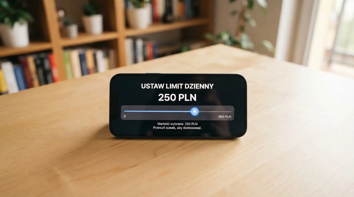 Ekran smartfona z prostym suwakiem ustawiania miesięcznego limitu wydatków, trzymany nad biurkiem.